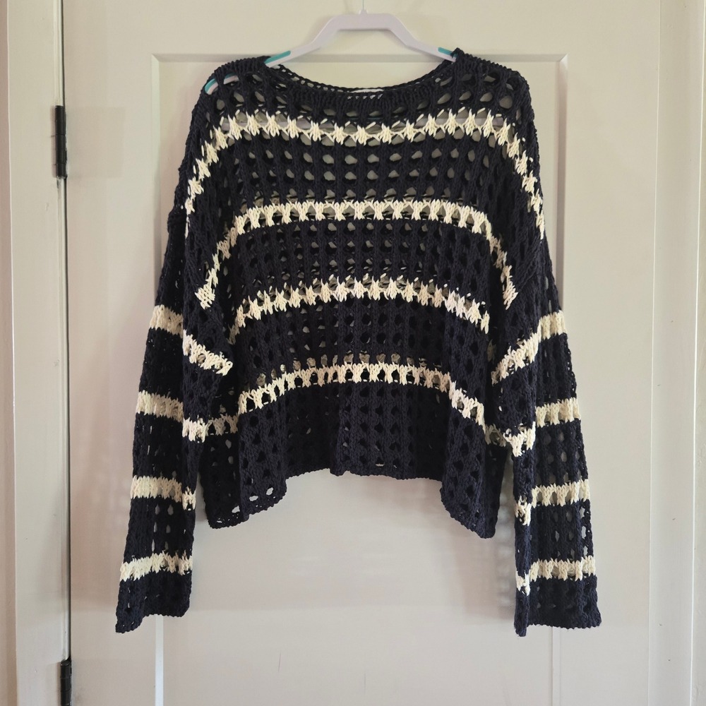 Arizona Jean Co Sweater Womens XL Crochet Navy Blue Cream Striped Open Knit - Picture 5 of 6